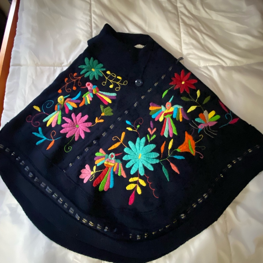 Embroidered Floral navy blue Poncho